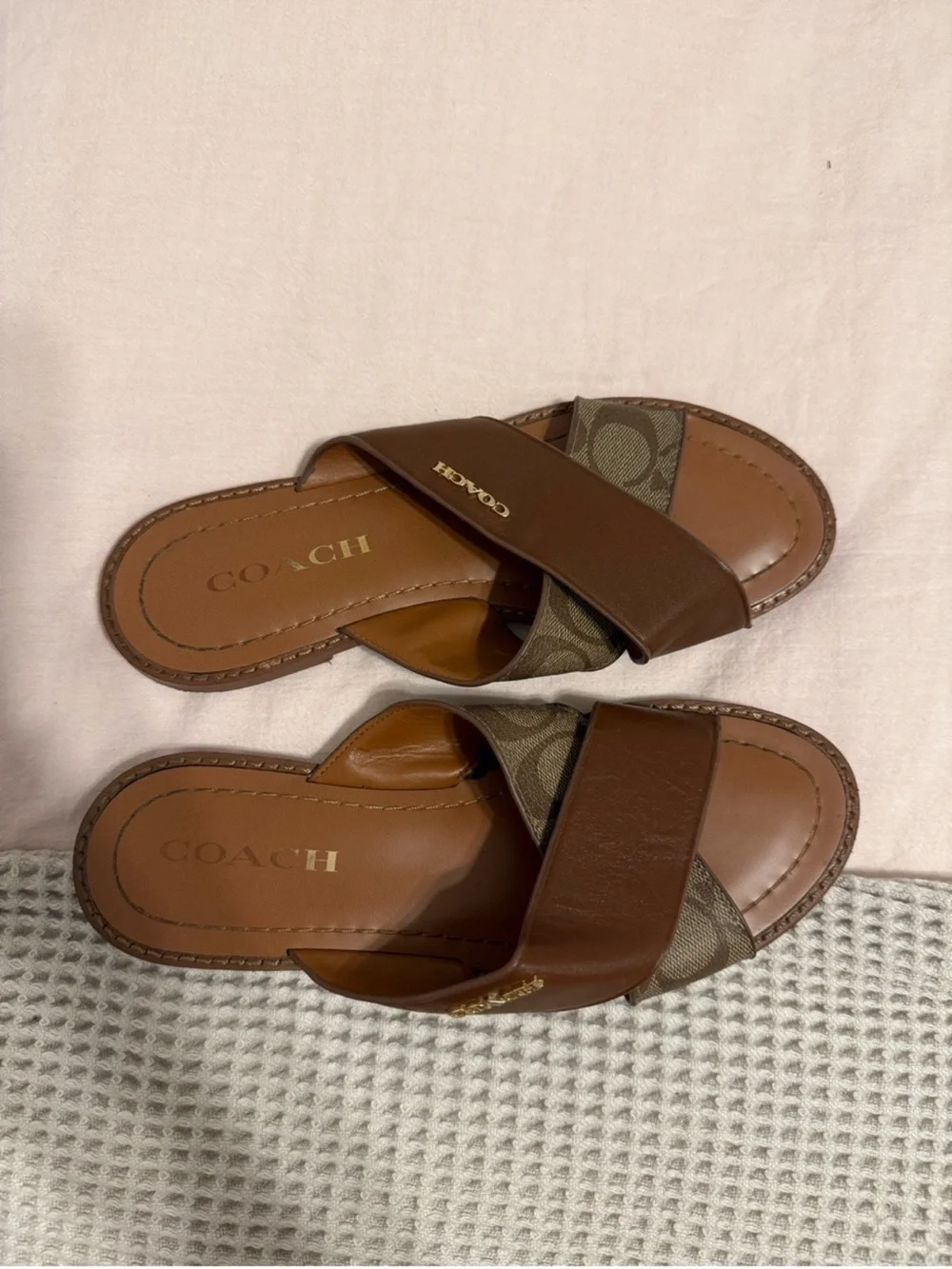 Coach Brown Leather & Signature Crossband Slide Sandals